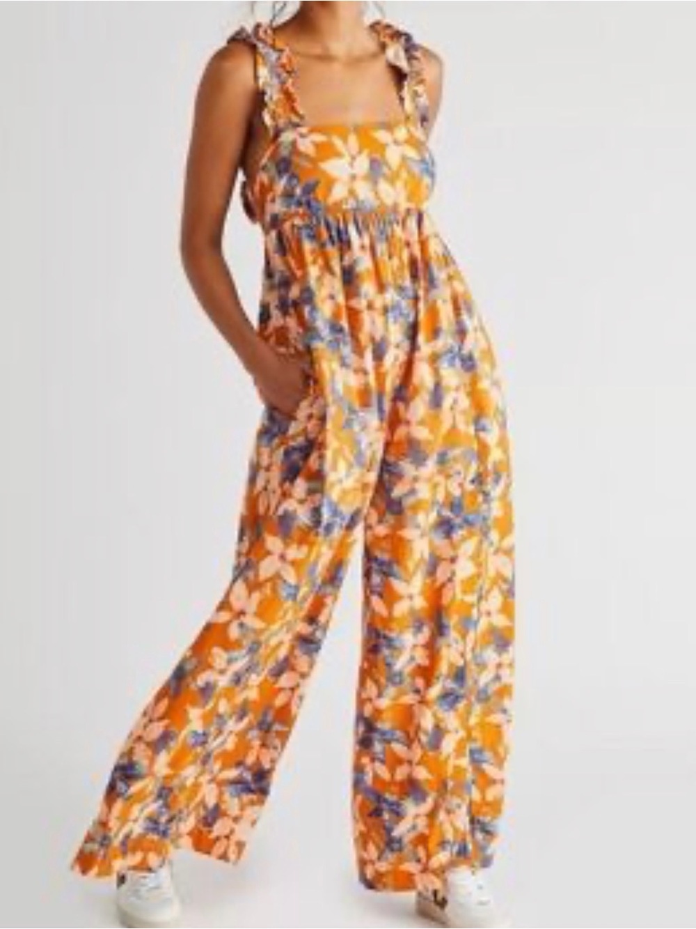 Free People Orange Floral Wide-Leg Jumpsuit with Ruffled Straps 100% cotton